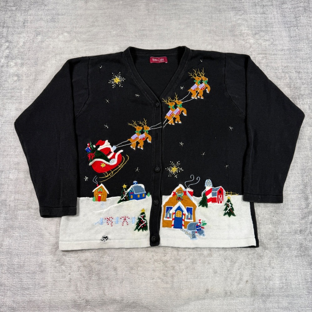 Sun Li Joy Sweater Womens XL Black Vtg Christmas Cardigan Reindeer Embroidered